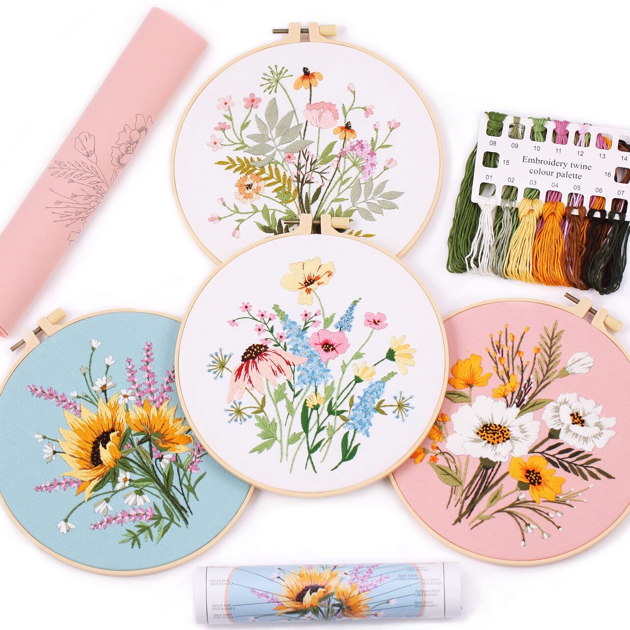 4Pcs Embroidery kits for beginners, Including Printed Embroidery Cloth with flower Patterns, 4 Plastic Embroidery Rings, 1 Pair of Scissors, Colored Threads, Needles and an Embroidery Instructions